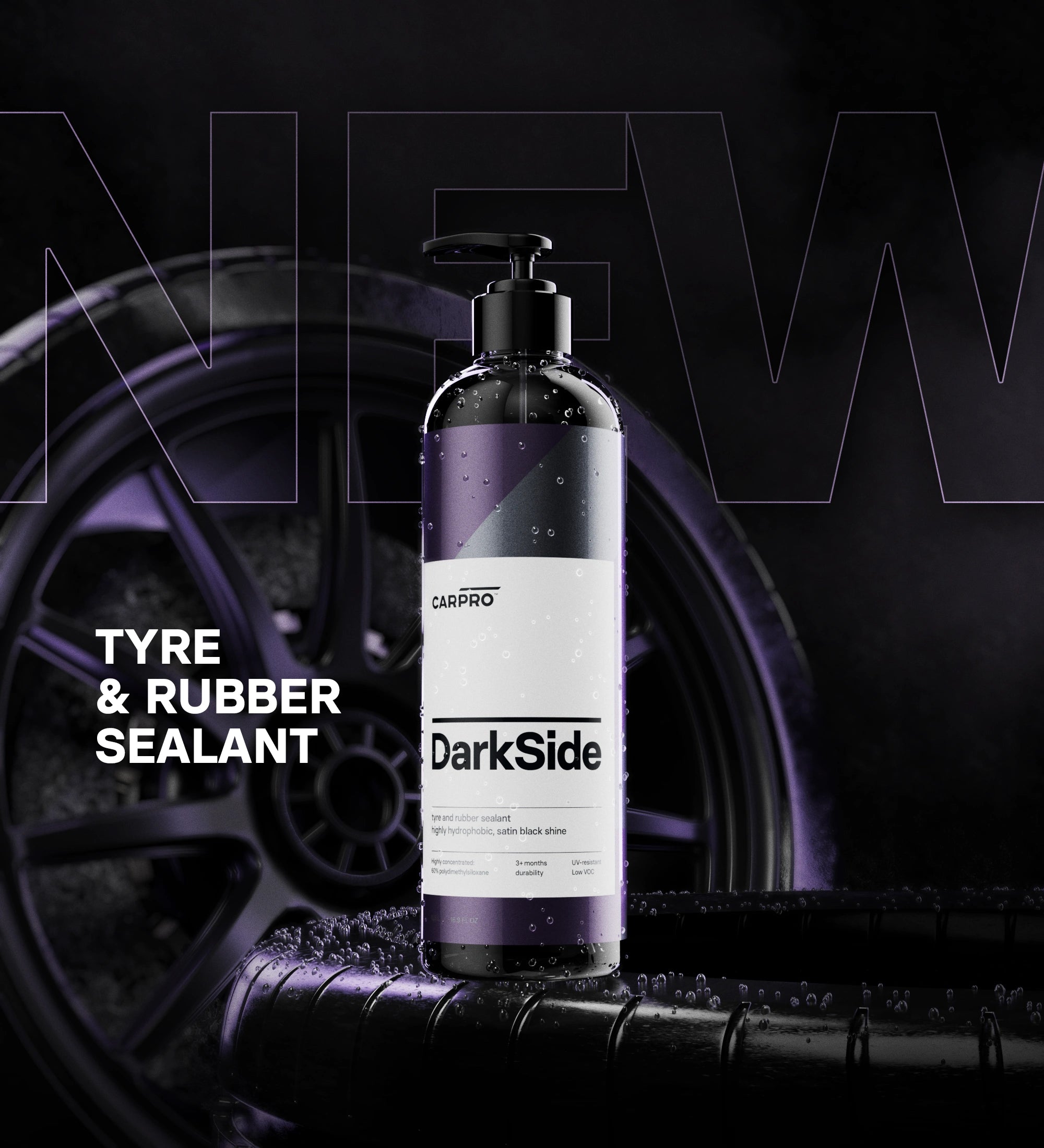 CARPRO DarkSide Tire & Rubber Sealant – essentieel in car detailing producten voor auto dieptereiniging, auto wassen producten, en krassen verwijderen auto. Ideaal als coating auto, glascoating auto, en keramische coating auto. Biedt uitstekende velg bescherming.