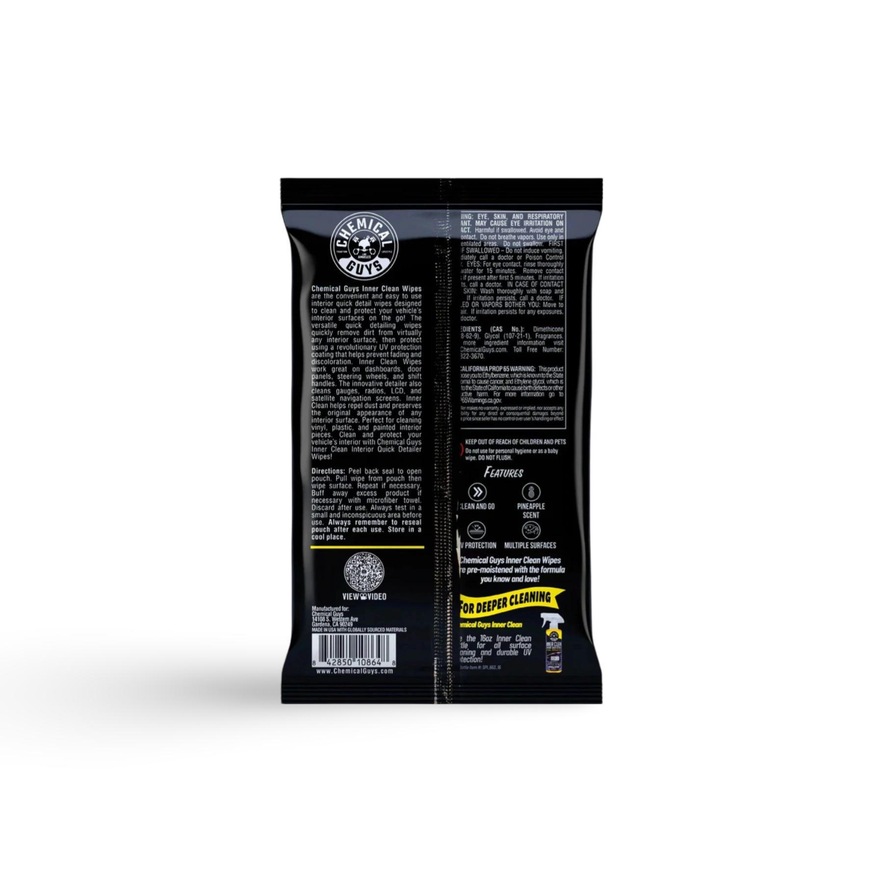 Chemical Guys InnerClean Interior Wipes voor auto interieur reinigen, ideaal voor tapijt auto reinigen en lederen autozetels reinigen, onmisbaar in auto dieptereiniging en auto wassen producten binnen car detailing producten.