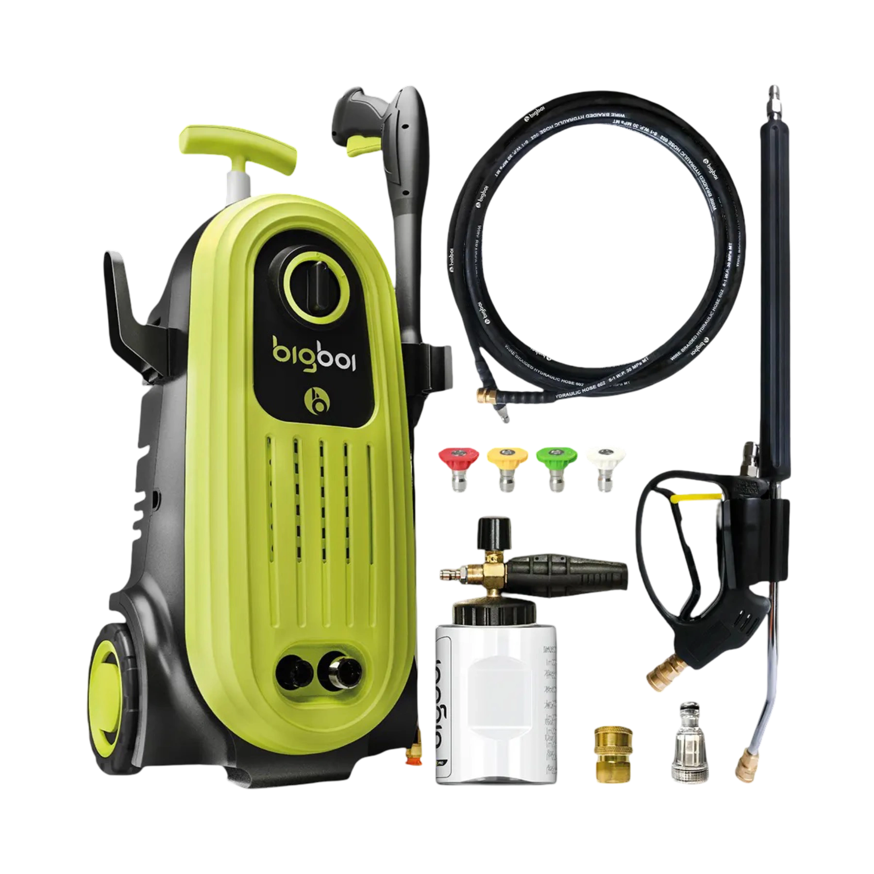 BigBoi WashR FLO Hogedrukreiniger met gratis Foam Cannon – professionele set voor auto detailing, lakreiniging en diepgaande autowas met krachtig schuim en hoge waterdruk.